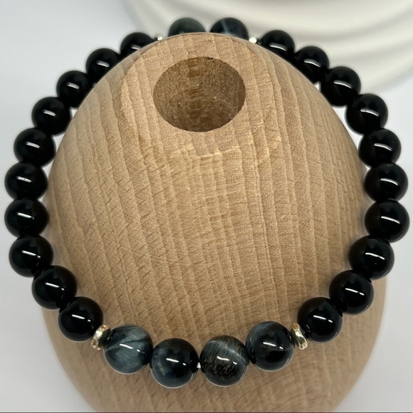 BLUE Tiger Eye & Onyx Beaded Bracelet - Picture 12 of 12
